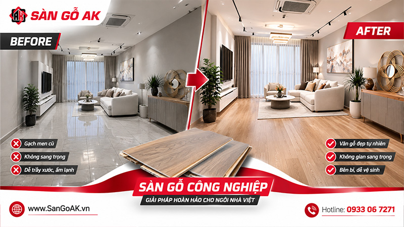 Cải Tạo Nền Gạch Cũ Cho Phòng Khách Bằng Sàn Gỗ Công Nghiệp
