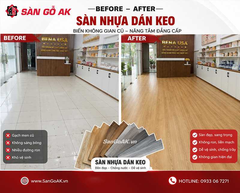 Cải tạo nền gạch men cũ cho cửa hàng spa bằng sàn nhựa giả gỗ sang trọng