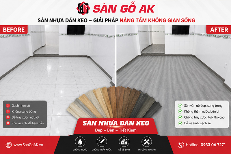 Cải tạo nền gạch men cũ cho phòng khách bằng sàn nhựa giả gỗ màu xám