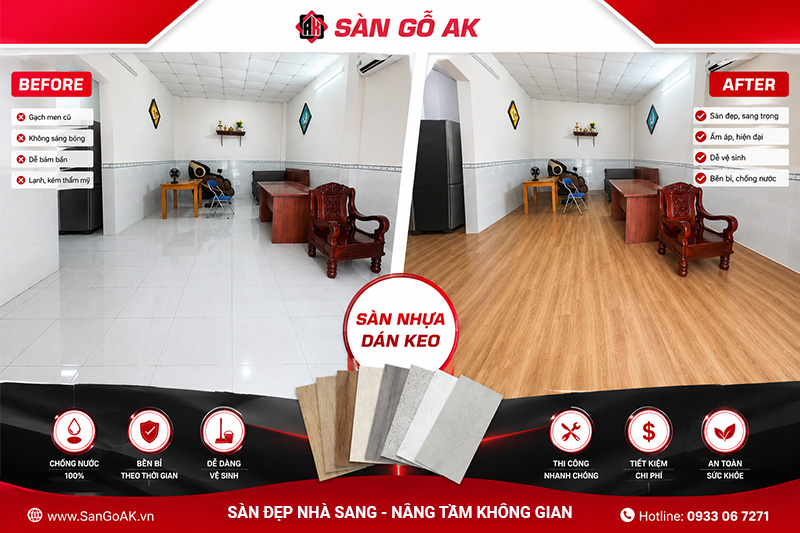 Cải tạo nền gạch men cũ cho phòng khách bằng sàn nhựa giả gỗ sang trọng
