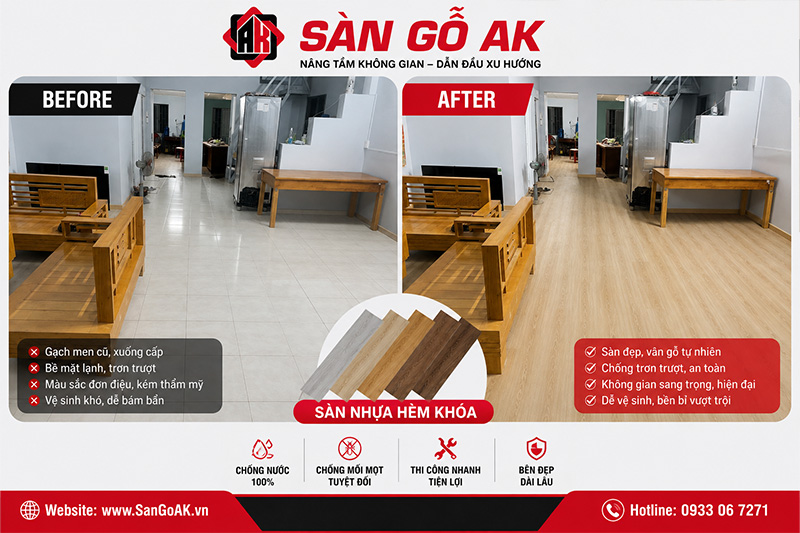 Cải tạo nền gạch cũ bằng sàn nhựa giả gỗ cho phòng khách tại Tây Ninh