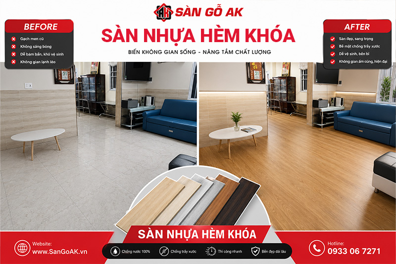 Cải tạo nền gạch cũ bằng sàn nhựa giả gỗ cho phòng khách tại TPHCM 