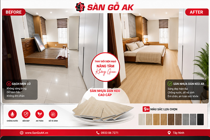 Cải tạo nền gạch men cũ cho phòng ngủ bằng sàn nhựa giả gỗ sang trọng 