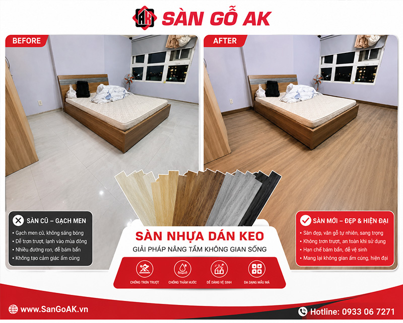 Cải tạo nền gạch men cũ cho phòng ngủ bằng sàn nhựa giả gỗ sang trọng