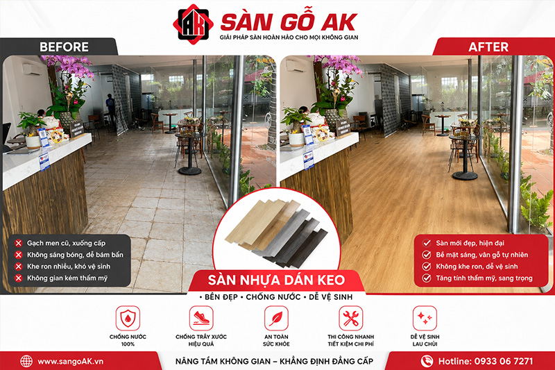 Cải tạo nền gạch men cũ cho quán cà phê bằng sàn nhựa giả gỗ sang trọng