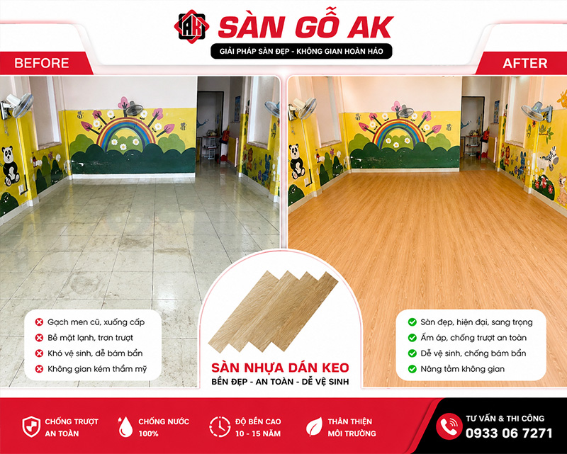Cải tạo nền gạch men cũ cho trường học bằng sàn nhựa giả gỗ sang trọng 