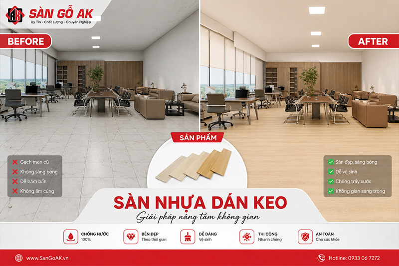 Cải tạo nền gạch men cũ cho văn phòng công ty bằng sàn nhựa giả gỗ sang trọng