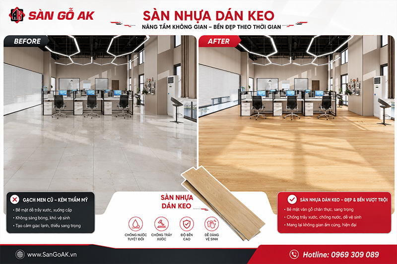Cải tạo nền gạch men cũ thành sàn gỗ sang trọng cho văn phòng công ty