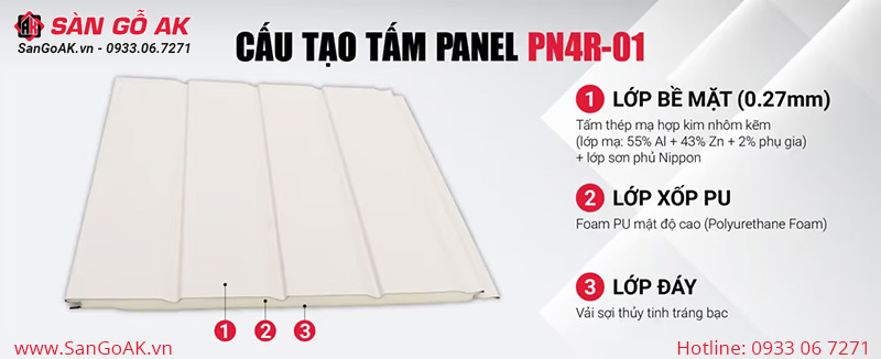 Thành phần cấu tạo của tấm Panel cách nhiệt tôn xốp PN4R-01