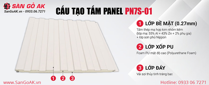 Cấu tạo của tấm Panel cách nhiệt tôn xốp PN7S-01 màu trắng 7 sóng