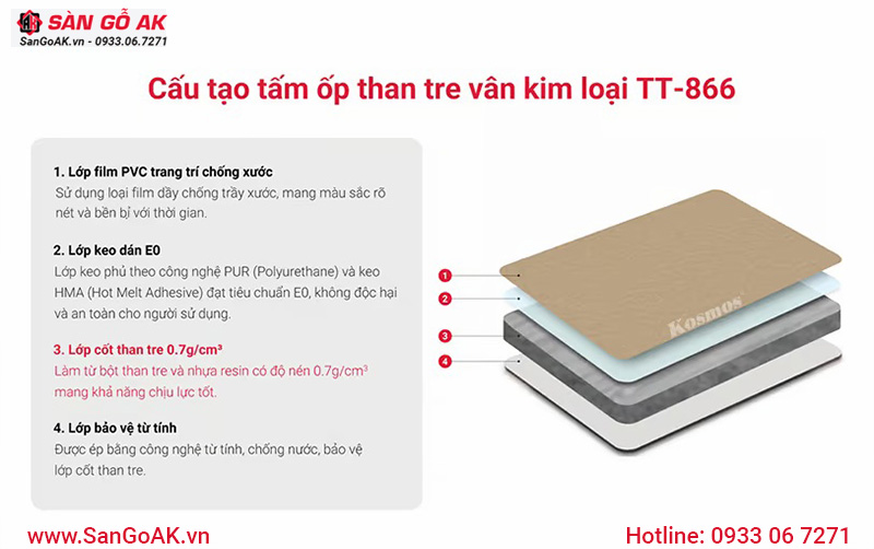 Cấu tạo của tấm ốp than tre vân kim loại TT-866