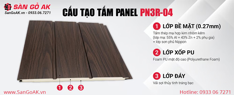 Cấu tạo của tấm Panel cách nhiệt tôn xốp PN3R-04 nâu walnut mặt bóng