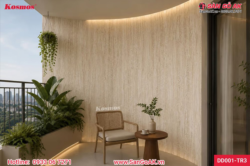 Ban công có thiết kế mảng tường bo cong ốp tấm đá dẻo DD001-TR3