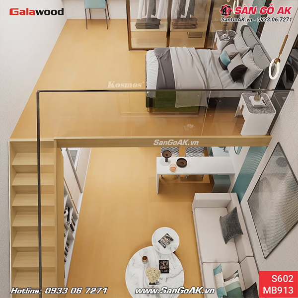 Không gian gác lửng sẽ trở nên ấn tượng với sàn chịu lực Galawood S602 vân gỗ sồi vàng đậm