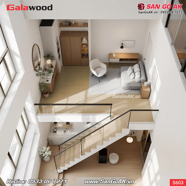Không gian gác lửng sẽ trở nên ấn tượng với sàn chịu lực Galawood S603 vân gỗ sồi vàng nhạt