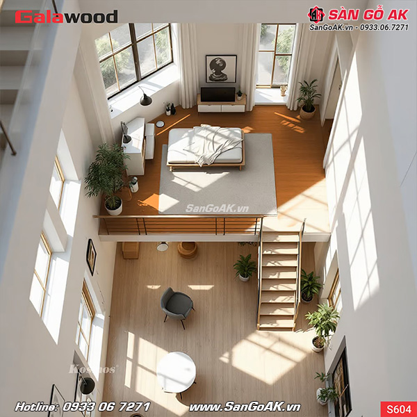 Không gian gác lửng sẽ trở nên ấn tượng với sàn chịu lực Galawood S604 vân gỗ vàng cam