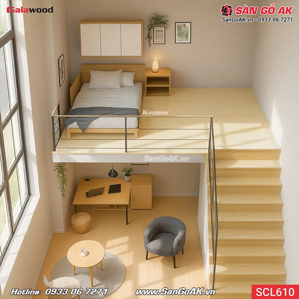 Trang trí gác lửng với sàn chịu lực Galawood SCL610 vân gỗ sồi vàng nhạt