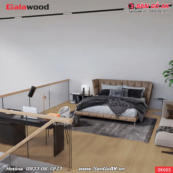 Trang trí gác lửng với sàn chịu lực Galawood SK603 vân gỗ sồi vàng nhạt
