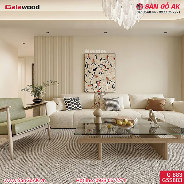 Ốp vách sofa phòng khách bằng lam sóng G5S883 vân vài vàng kem