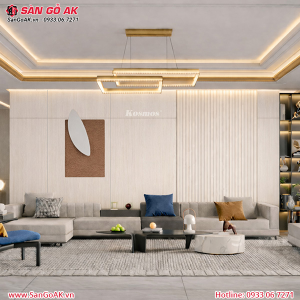 Ốp tường phòng khách bằng lam sóng than tre vân gỗ vàng kem 6S102