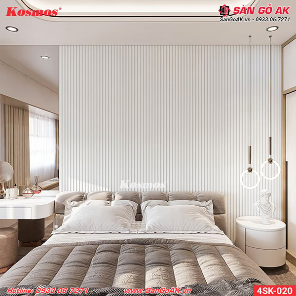 Ốp vách đầu giường phòng ngủ với lam sóng 4SK-020 màu trắng trơn