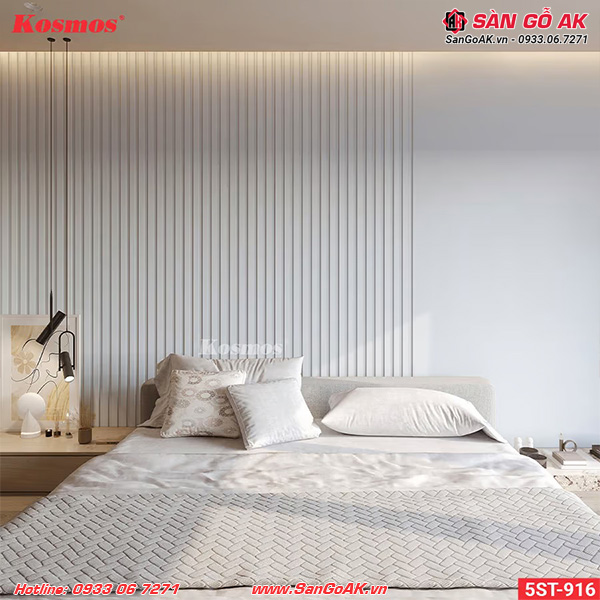 Ốp vách đầu giường phòng ngủ với lam sóng 5ST-916 trắng vân giấy