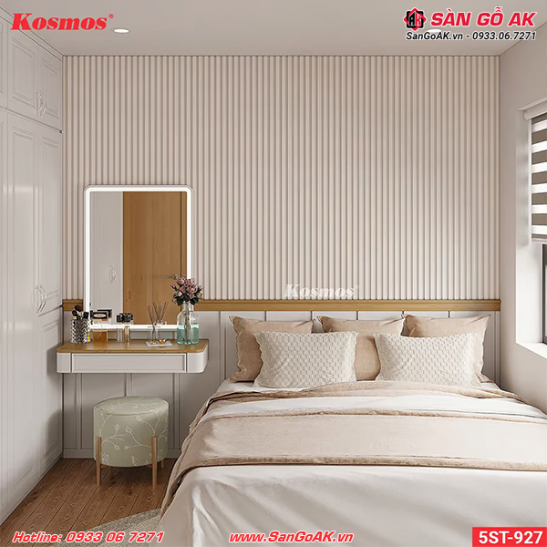 Ốp vách đầu giường phòng ngủ với lam sóng 5ST-927 vân vải kem