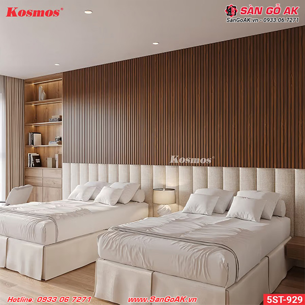 Ốp tường phòng ngủ sang trọng với lam sóng 5ST-929 vân gỗ nâu