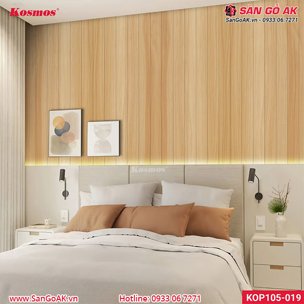 Công trình ốp vách đầu giường ngủ với tấm Nano vân gỗ KOP105-019