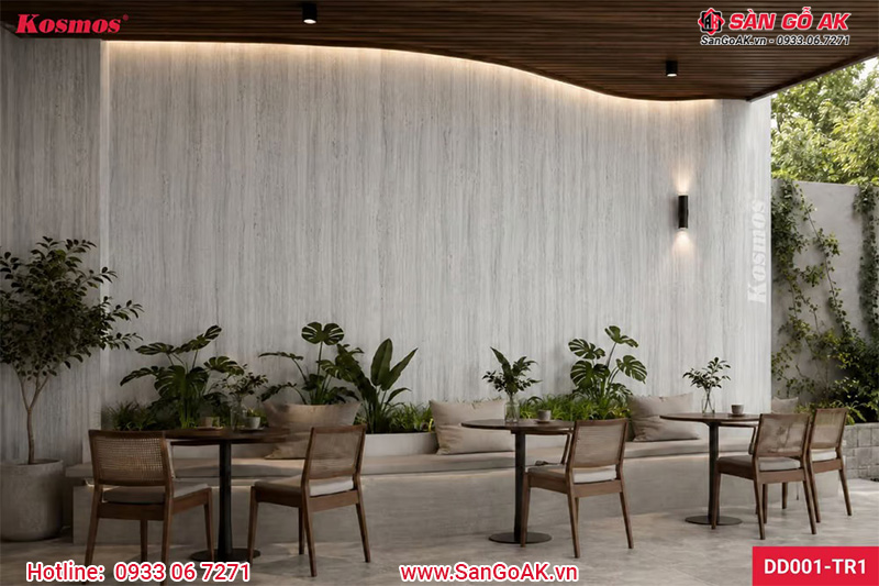 Thiết kế vách tường bo cong ốp tấm Travertine Romano xám