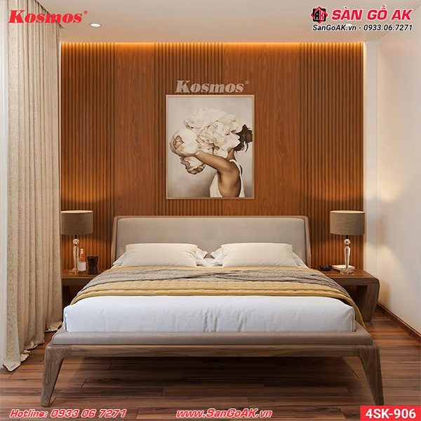 Ốp vách đầu giường phòng ngủ với lam sóng 4SK-906 vân gỗ đỏ cam