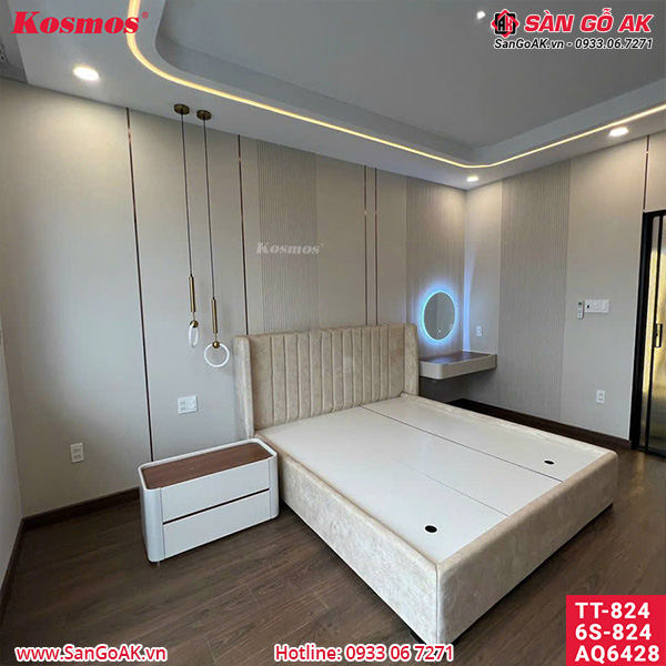 Ốp tường phòng ngủ tại TPHCM bằng tấm than tre vân vải trắng ghi