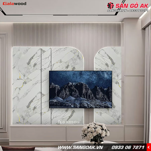 Trang trí vách phòng khách trở nên ấn tượng, đẳng cấp hơn với tấm ốp vân đá PVC238