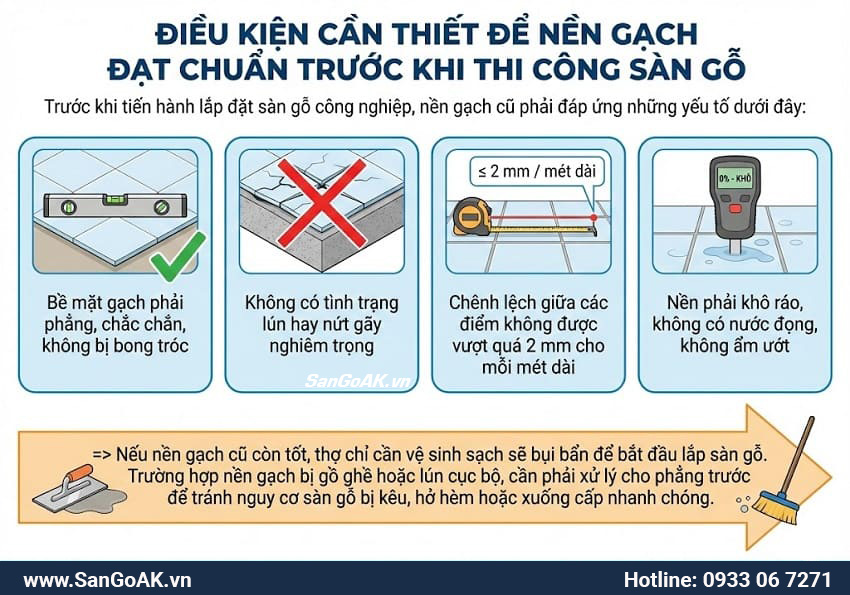 Điều kiện cần thiết để nền gạch đạt chuẩn trước khi thi công sàn gỗ
