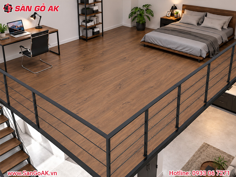 Gác lửng sử dụng sàn chịu lực vân gỗ nâu thanh lịch, sang trọng