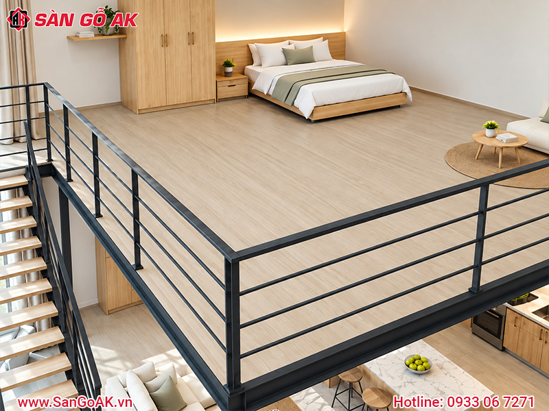 Gác lửng sử dụng sàn chịu lực vân gỗ sáng màu thoáng đãng, rộng rãi