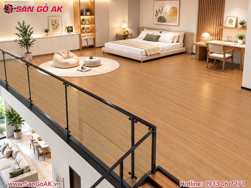 Gác lửng sử dụng sàn chịu lực vân gỗ vàng tự nhiên, ấm cúng