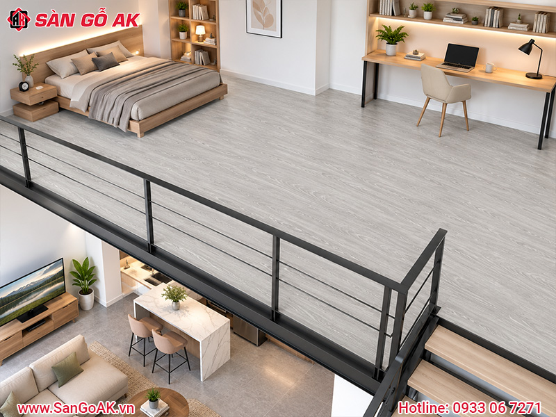 Gác lửng sử dụng sàn chịu lực vân gỗ xám hiện đại, trẻ trung