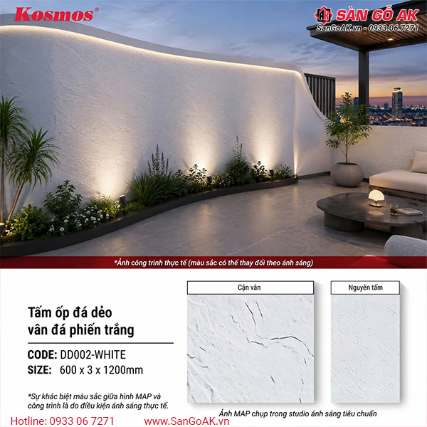 Ứng dụng tấm ốp đá dẻo DD002-WHITE hoàn thiện vách sân thượng
