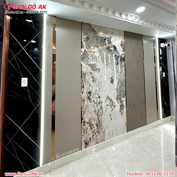 Tấm ốp than tre vân đá và lam sóng nâu ốp tường phòng khách