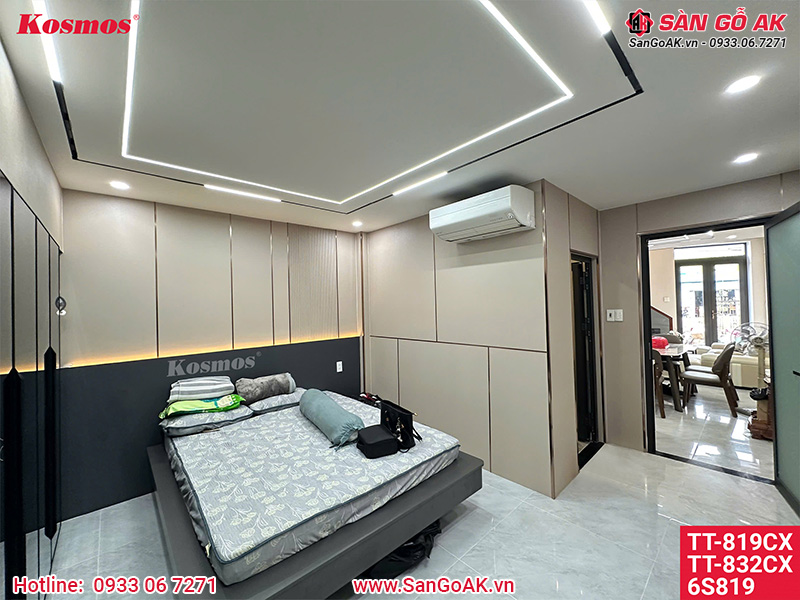 Tấm than the và lam sóng cùng màu vân vải vàng kem ốp phòng ngủ