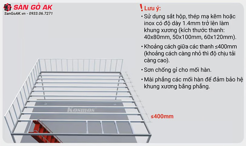 Khoảng cách tối đa giữa các thanh xương làm sàn gác lửng là 400mm (40cm)
