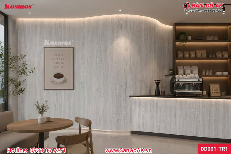 Không gian quán cafe trẻ trung ốp tường, quầy pha chế bằng tấm DD001-TR1