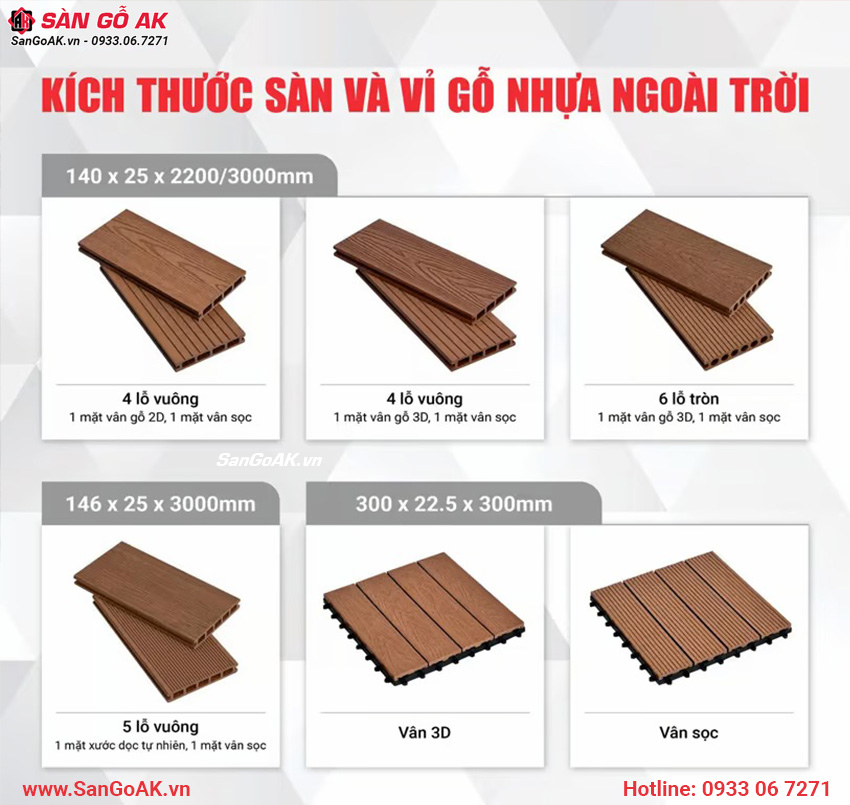Kích thước sàn và vỉ gỗ nhựa ngoài trời