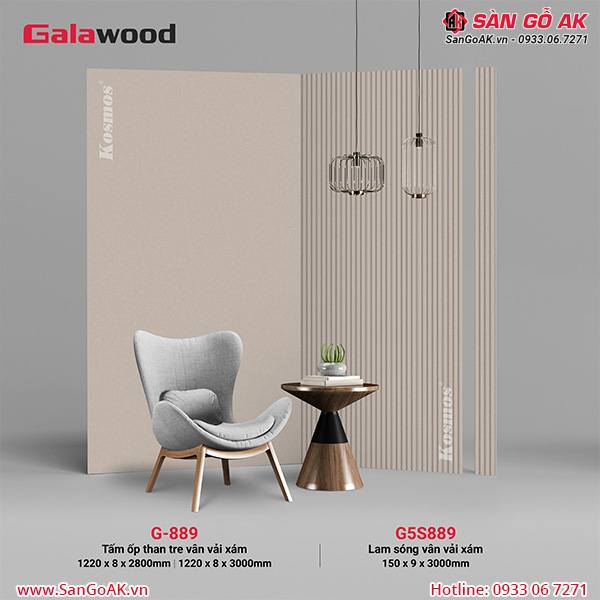 Lam sóng Galawood G5S889 đồng màu tấm ốp than tre vân vải vàng xám G-889