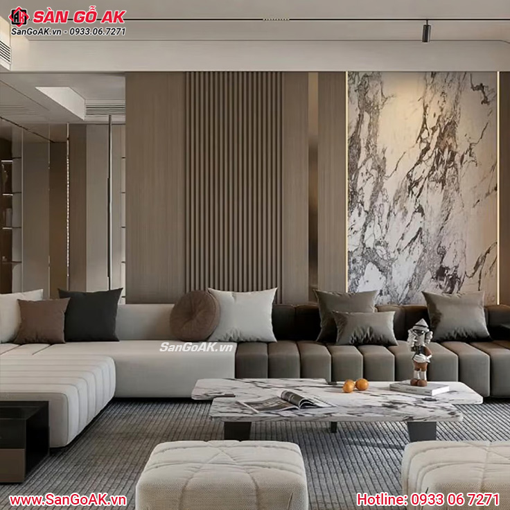 Lam sóng kết hợp tấm ốp vân gỗ, vân đá làm nổi bật khu vực tiếp khách