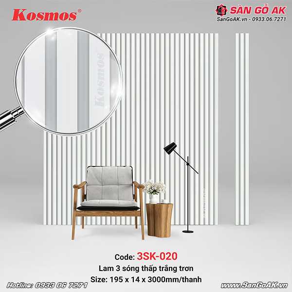  Lam sóng Kosmos 3SK-020 có thiết kế 3 sóng màu trắng trơn