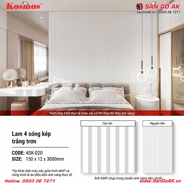  Lam sóng Kosmos 4SK-020 có thiết kế 4 sóng màu trắng trơn