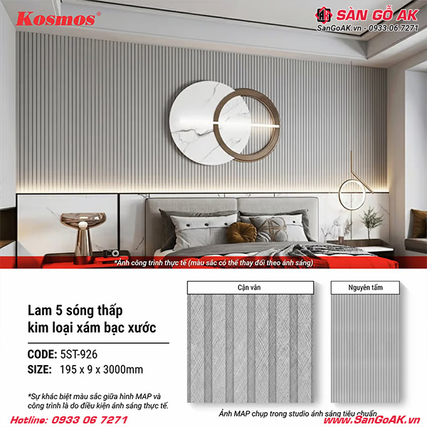 Lam sóng 5ST-926 vân kim loại xước xám bạc là vật liệu trang trí nội thất hiện đại