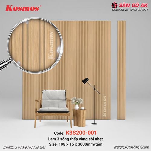 Tấm ốp nhựa lam 3 sóng thấp Kosmos K3S200-001 vân gỗ sồi vàng nhạt